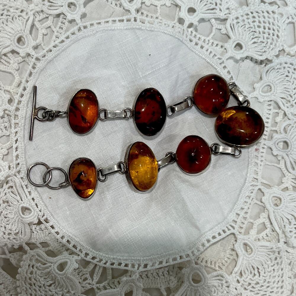 Rare Vintage Silver 925 Oval Dome Large Amber Link Bracelet 9” Unique Heavy